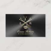 メイクアップアーティスト美容師ブラック&メタリック金ゴールド 名刺 (正面)