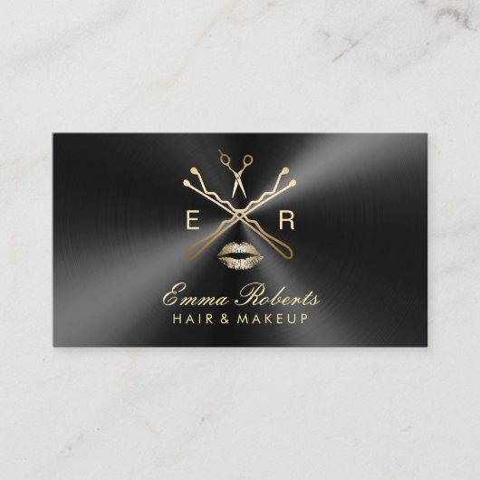 メイクアップアーティスト美容師ブラック&メタリック金ゴールド 名刺 (正面)