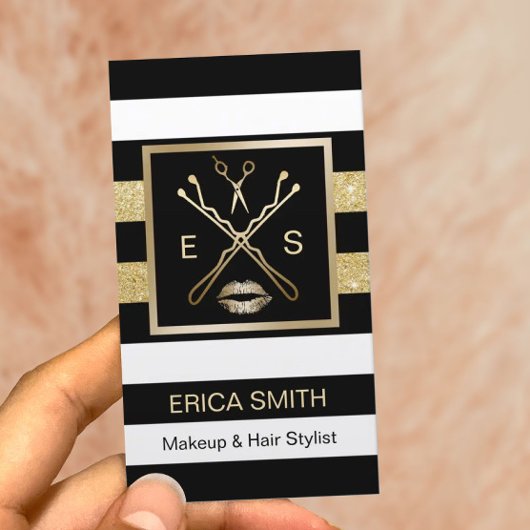 メイクアップアーティスト美容師ブラック&金ゴールドストライプ 名刺