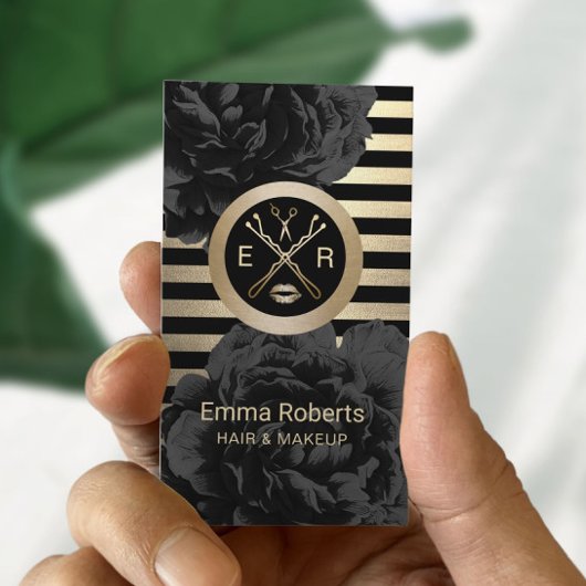 メイクアップアーティスト美容師ブラック&金ゴールドフローラ 名刺