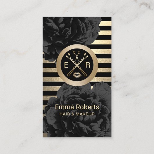 メイクアップアーティスト美容師ブラック&金ゴールドフローラ 名刺 (正面)