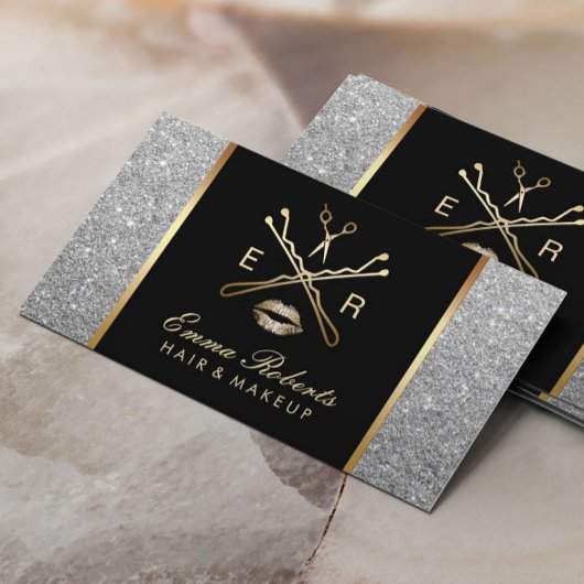 メイクアップアーティスト美容師モダンシルバーグリッター 名刺