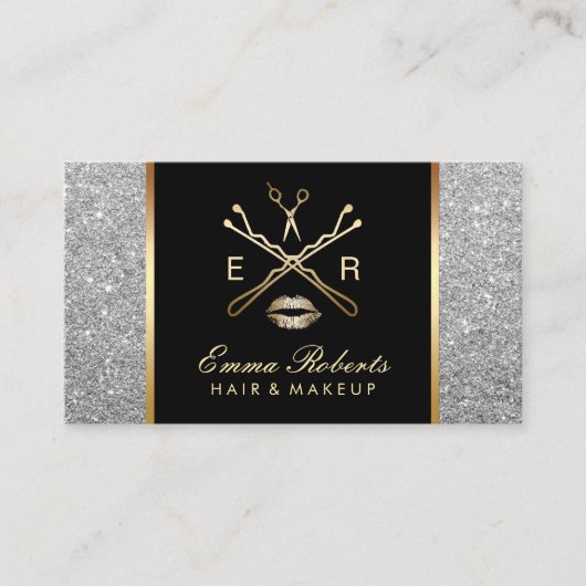 メイクアップアーティスト美容師モダンシルバーグリッター 名刺 (正面)