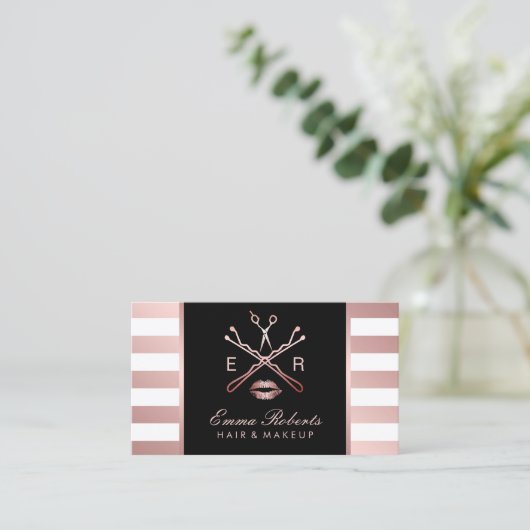 メイクアップアーティスト美容師モダンバラ金ゴールドストライプ 名刺 (スタンド正面)