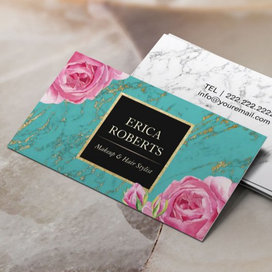メイクアップアーティスト美容師モダンフローラティール（緑がかった色）金ゴールド 名刺