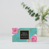 メイクアップアーティスト美容師モダンフローラティール（緑がかった色）金ゴールド 名刺 (スタンド正面)