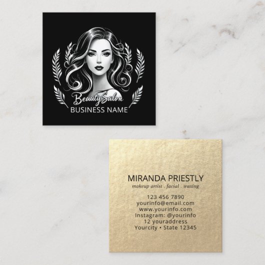 メイクアップアーティスト美容師モダン白黒金ゴールド スクエア名刺 (正面/裏面)