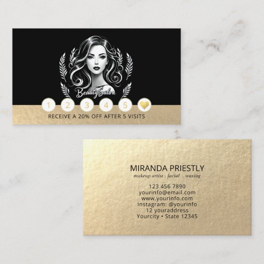 メイクアップアーティスト美容師モダン白黒金ゴールド ロイヤリティカード (正面/裏面)
