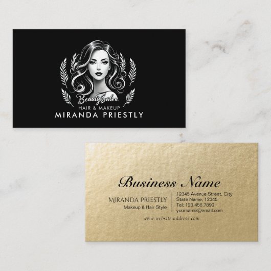 メイクアップアーティスト美容師モダン白黒金ゴールド 名刺 (正面/裏面)