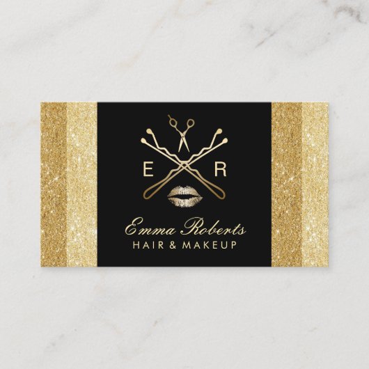 メイクアップアーティスト美容師モダン金ゴールドグリッター 名刺 (正面)