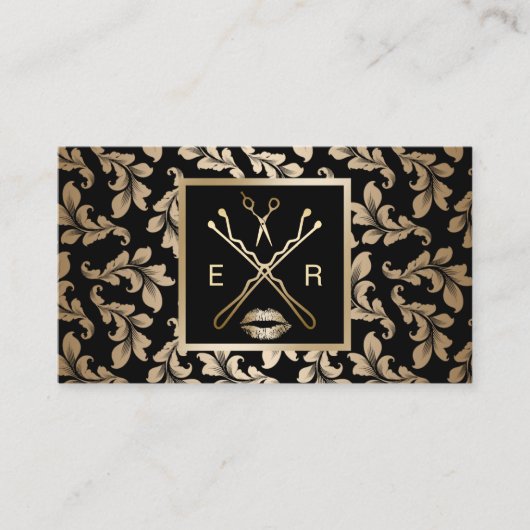 メイクアップアーティスト美容師ラグジュアリー金ゴールドダマスク 名刺 (正面)