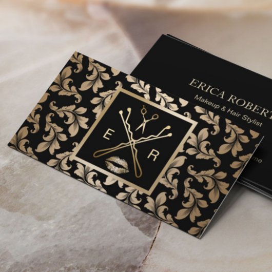 メイクアップアーティスト美容師ラグジュアリー金ゴールドダマスク 名刺