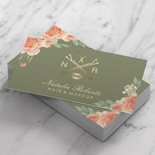 メイクアップアーティスト美容師ヴィンテージフローラ緑 名刺