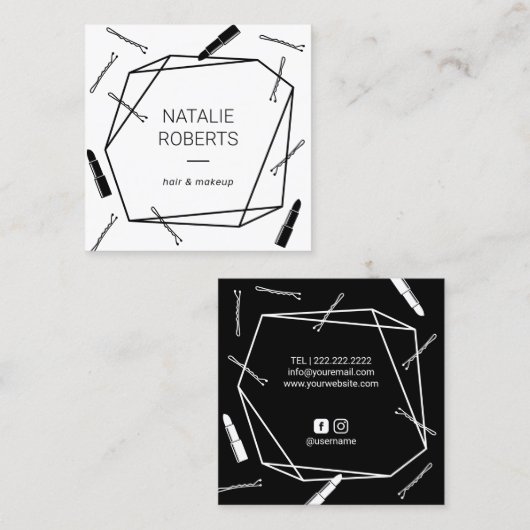メイクアップアーティスト美容師幾何学的サロン ミニマル スクエア名刺 (正面/裏面)