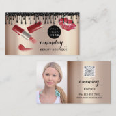 メイクアップアーティスト赤い口紅バラ写真QRロゴ 名刺 (正面/裏面)