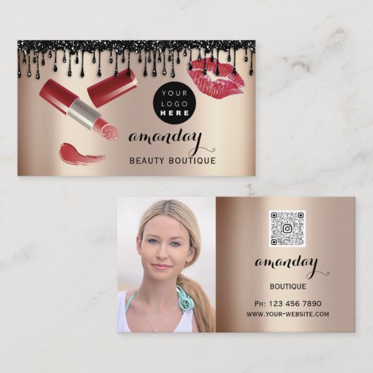 メイクアップアーティスト赤い口紅バラ写真QRロゴ 名刺 (正面/裏面)