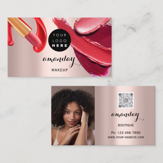 メイクアップアーティスト赤ピンクのリップスティック写真QRコード 名刺 (正面/裏面)