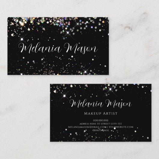 メイクアップアーティスト輝くホログラフィックグリッターブラック 名刺 (正面/裏面)