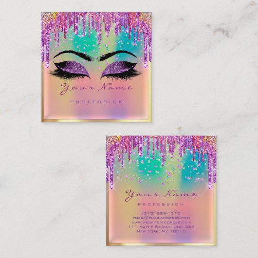 メイクアップアーティスト遺跡自筆画ピンク紫ユニコーン スクエア名刺 (正面/裏面)