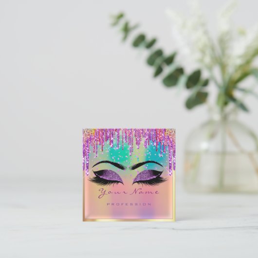 メイクアップアーティスト遺跡自筆画ピンク紫ユニコーン スクエア名刺 (スタンド正面)