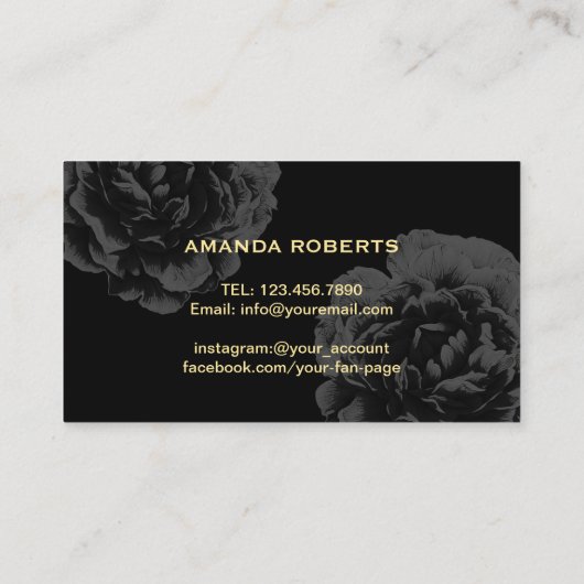 メイクアップアーティスト金ゴールドエレガントスクリプトブラックフローラ 名刺 (裏面)