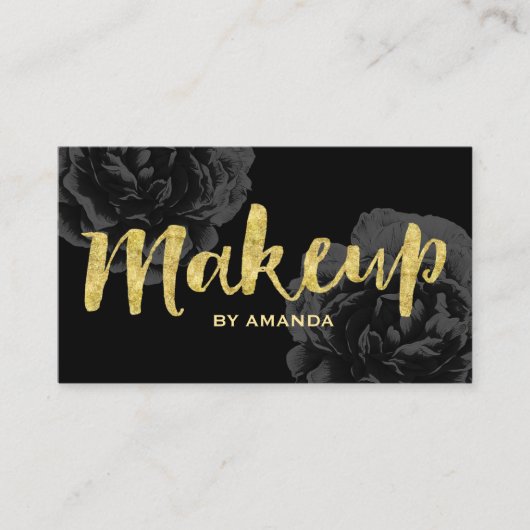 メイクアップアーティスト金ゴールドエレガントスクリプトブラックフローラ 名刺 (正面)