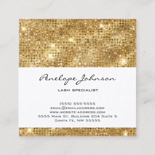 メイクアップアーティスト金ゴールドスパークルグラム スクエア名刺 (裏面)
