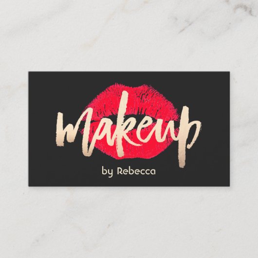 メイクアップアーティスト金ゴールドタイポグラフィレッドリップスティックキス 名刺 (正面)