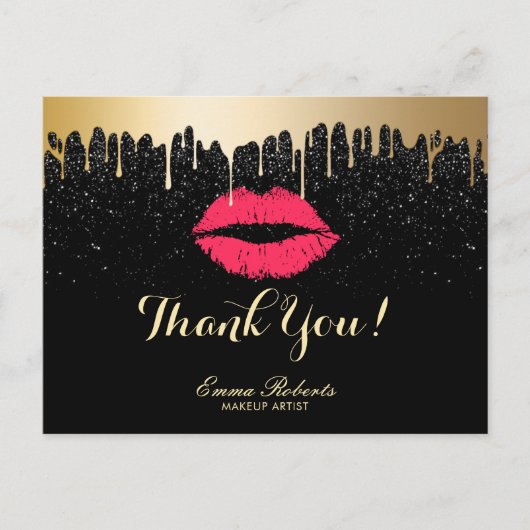 メイクアップアーティスト金ゴールドドリップレッドリップサロンありがとう ポストカード (正面)
