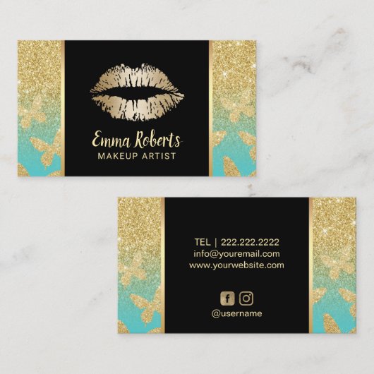 メイクアップアーティスト金ゴールドモダングリッター蝶 名刺 (正面/裏面)