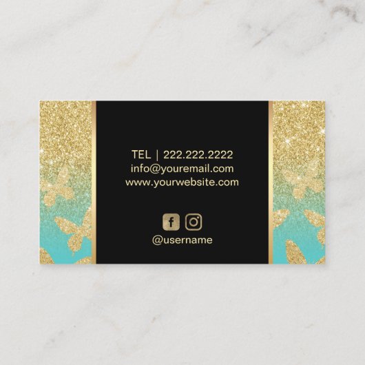 メイクアップアーティスト金ゴールドモダングリッター蝶 名刺 (裏面)