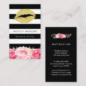 メイクアップアーティスト金ゴールドモダンフローラデコストライプ 名刺 (正面/裏面)
