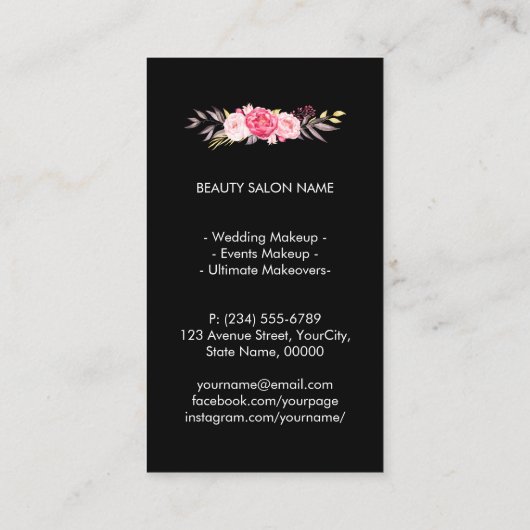 メイクアップアーティスト金ゴールドモダンフローラデコストライプ 名刺 (裏面)