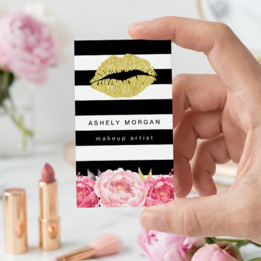 メイクアップアーティスト金ゴールドモダンフローラデコストライプ 名刺