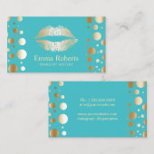 メイクアップアーティスト金ゴールドモダンリップドットターコイズ 名刺 (正面/裏面)