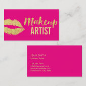 メイクアップアーティスト金ゴールドモダンリップ熱ピンク 名刺 (正面/裏面)