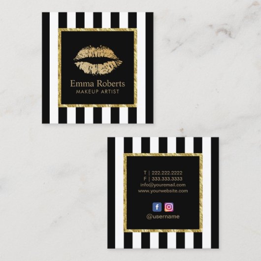 メイクアップアーティスト金ゴールドリップサロンストライプモダン スクエア名刺 (正面/裏面)