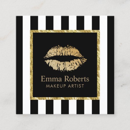 メイクアップアーティスト金ゴールドリップサロンストライプモダン スクエア名刺 (正面)