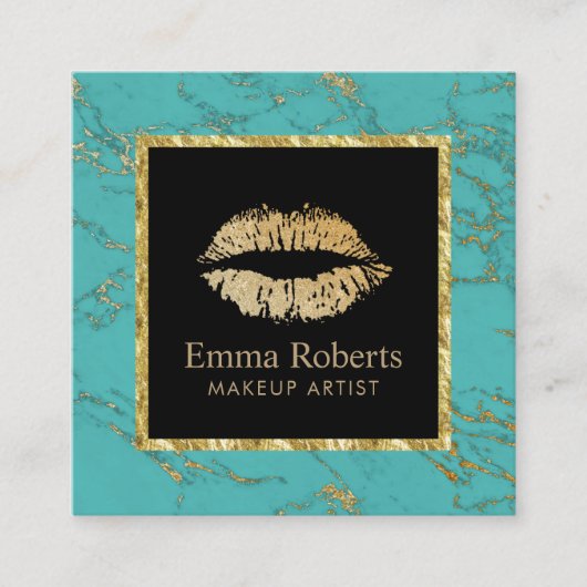 メイクアップアーティスト金ゴールドリップサロントレンディーターコイズ スクエア名刺 (正面)