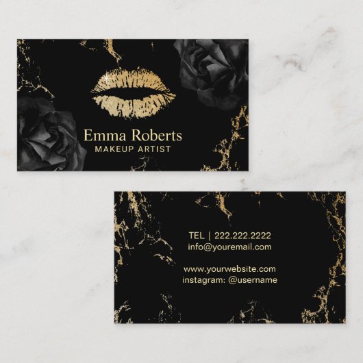 メイクアップアーティスト金ゴールドリップサロントレンディーブラックフローラ 名刺 (正面/裏面)