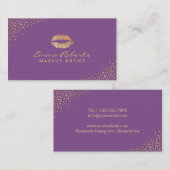 メイクアップアーティスト金ゴールドリップサロンモダン紫 名刺 (正面/裏面)