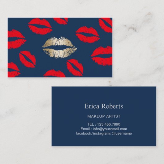 メイクアップアーティスト金ゴールドリップネイビーブルー美しいサロン 名刺 (正面/裏面)