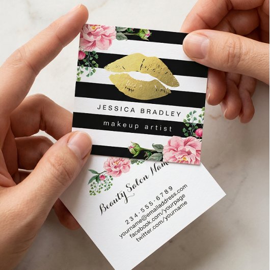 メイクアップアーティスト金ゴールドリップフローラ白黒ストライプ スクエア名刺