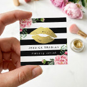 メイクアップアーティスト金ゴールドリップフローラ白黒ストライプ スクエア名刺