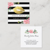 メイクアップアーティスト金ゴールドリップフローラ白黒ストライプ スクエア名刺 (正面/裏面)