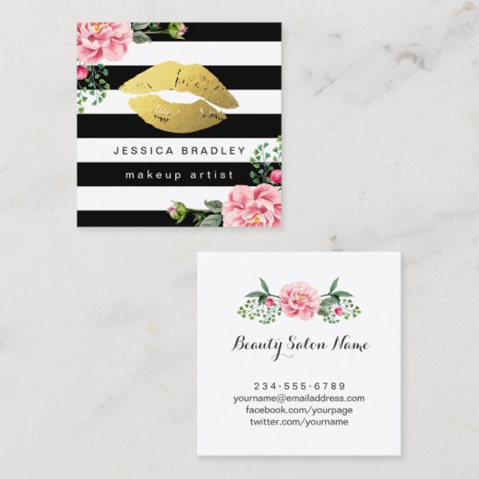 メイクアップアーティスト金ゴールドリップフローラ白黒ストライプ スクエア名刺 (正面/裏面)