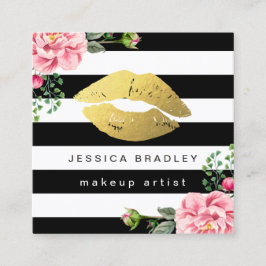 メイクアップアーティスト金ゴールドリップフローラ白黒ストライプ スクエア名刺