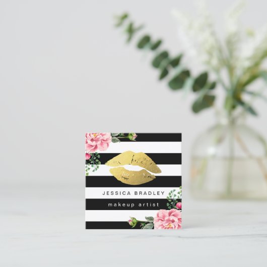 メイクアップアーティスト金ゴールドリップフローラ白黒ストライプ スクエア名刺 (スタンド正面)