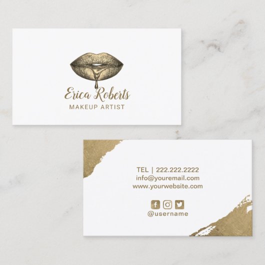メイクアップアーティスト金ゴールドリップミニマル美しいサロン 名刺 (正面/裏面)