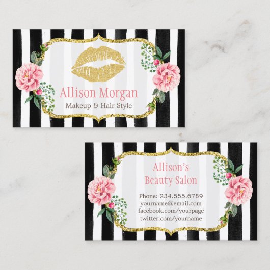 メイクアップアーティスト金ゴールドリップロマンチックストライプのフローラ 名刺 (正面/裏面)